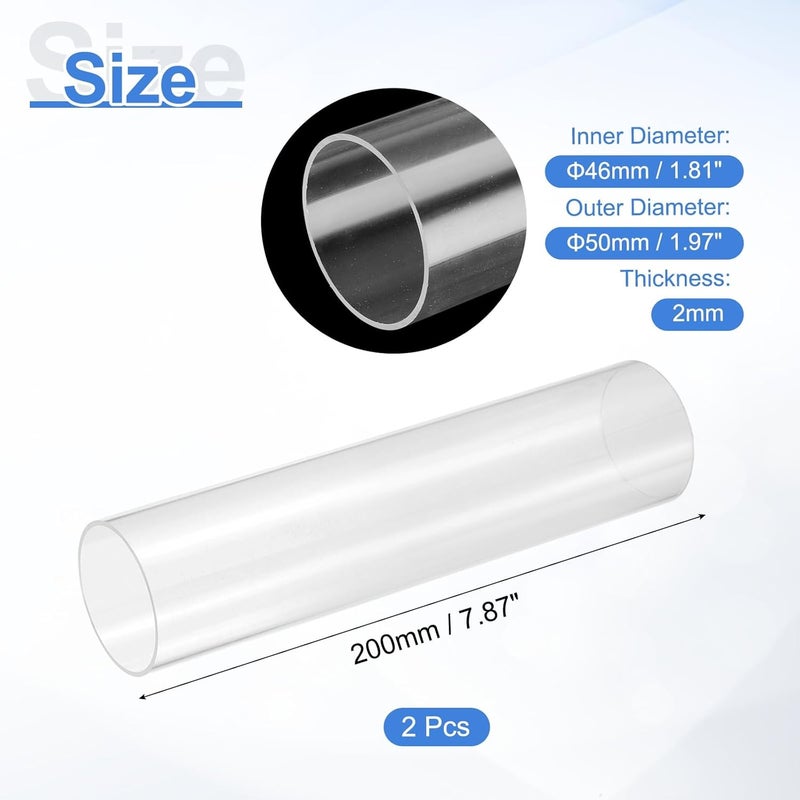 uxcell 2Pcs Clear Rigid Acrylic Pipe, 46mm(1.81") ID x 50mm(1.97") OD 8" Round Polycarbonate Tube Plastic Tubing for Plumbing, Lighting, Aquarium, DIY Projects - Image 2